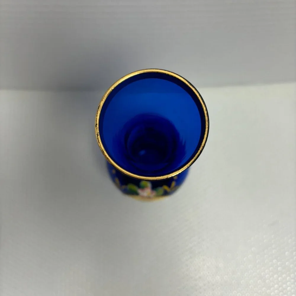 Hand Painted Venetian Style Vase Blue w/Flowers and Gold Trim